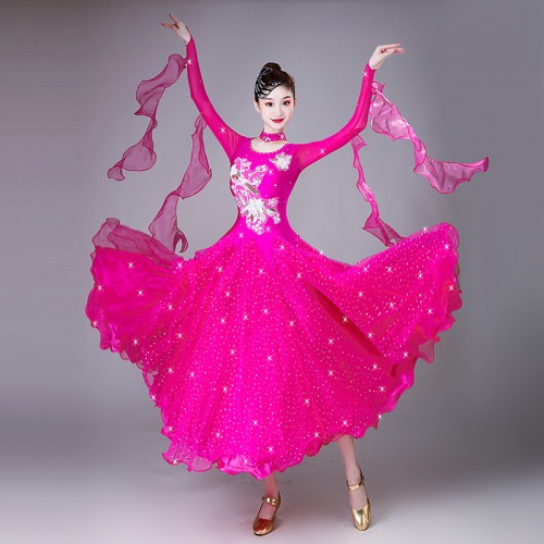 Fuchsia hot pink ballroom dancing dresses for women girls rhinestones waltz tango professional foxtrot smooth flowy dance long skirt gown for female